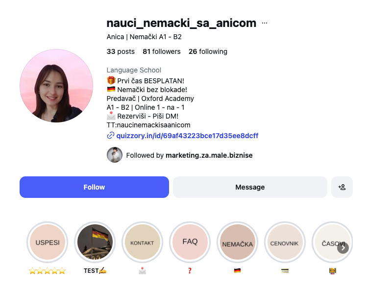 Anica — Uređenje Instagram profila za profesora nemačkog